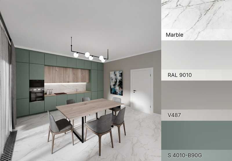 Sage and truffle color combination with Calacatta marble